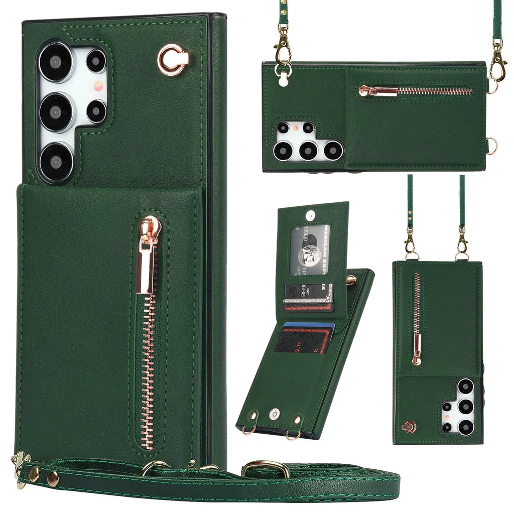 Samsung phone case with card holder slot, kickstand bracket, and crossbody zipper in black PU leather.