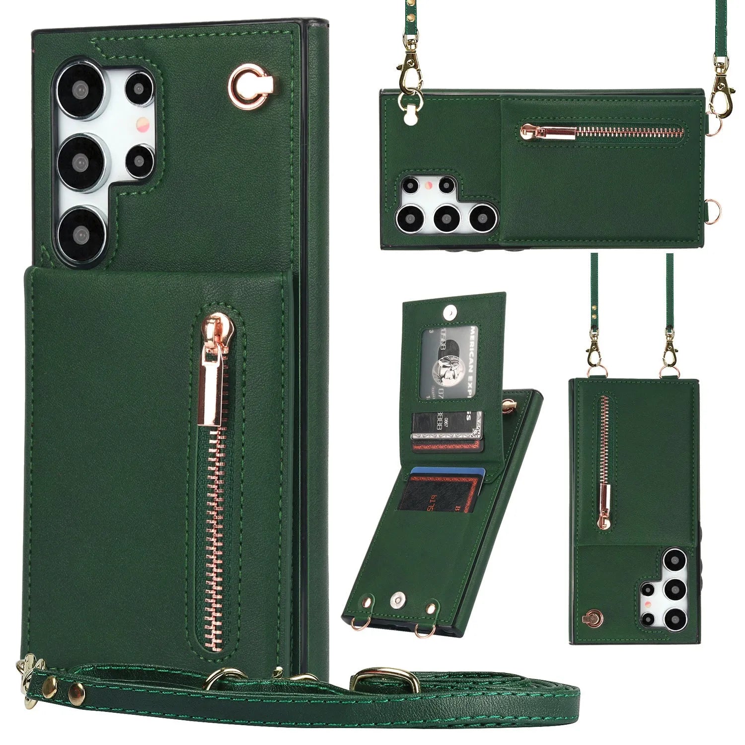 Samsung phone case with card holder slot, kickstand bracket, and crossbody zipper in black PU leather.