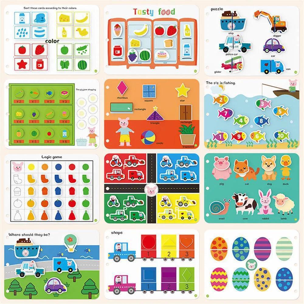 Montessori paste quiet book for infants with 15 themes and metal construction