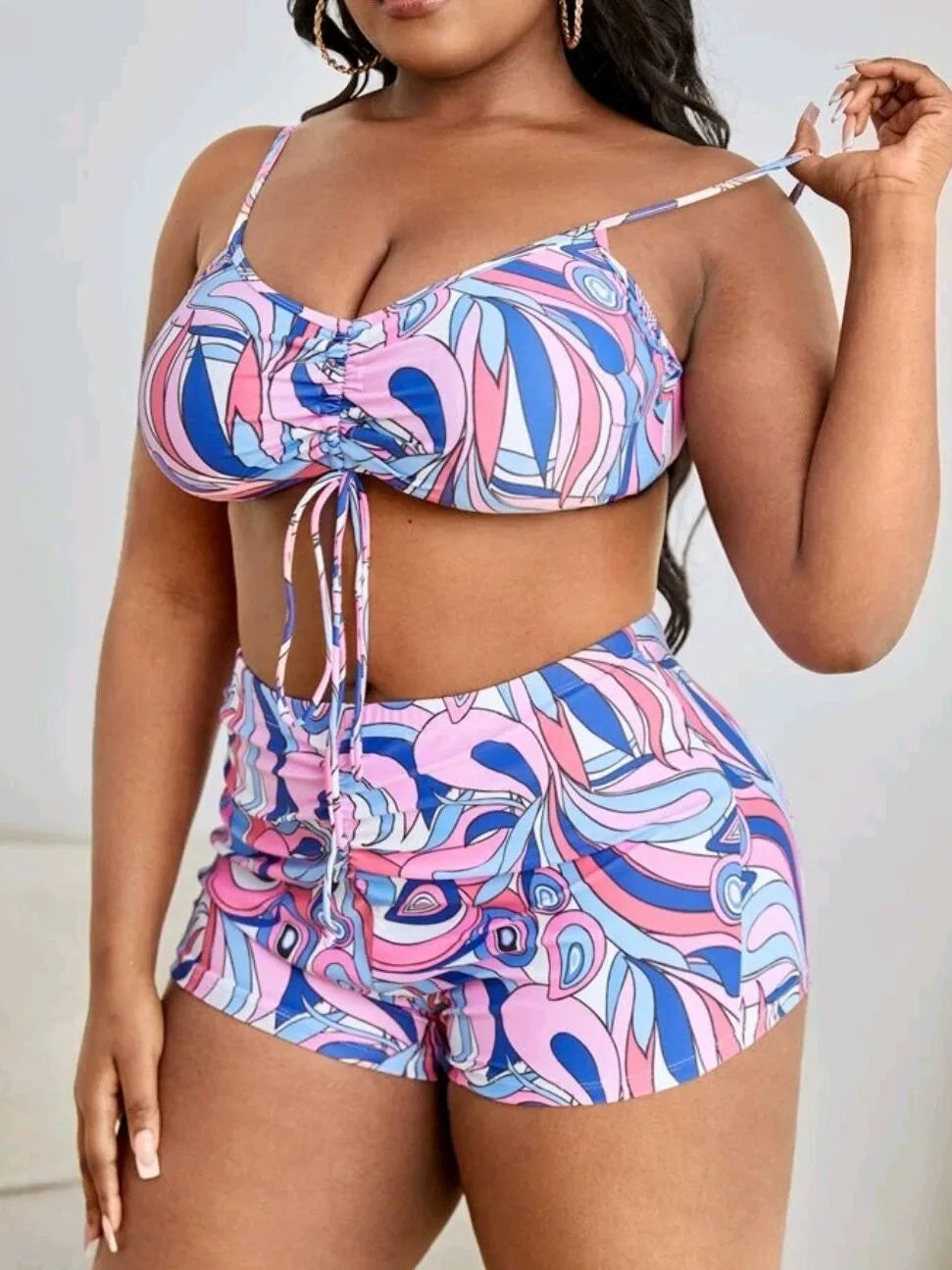 Women's floral patterned bikini three-piece set with cardigan in extended sizes