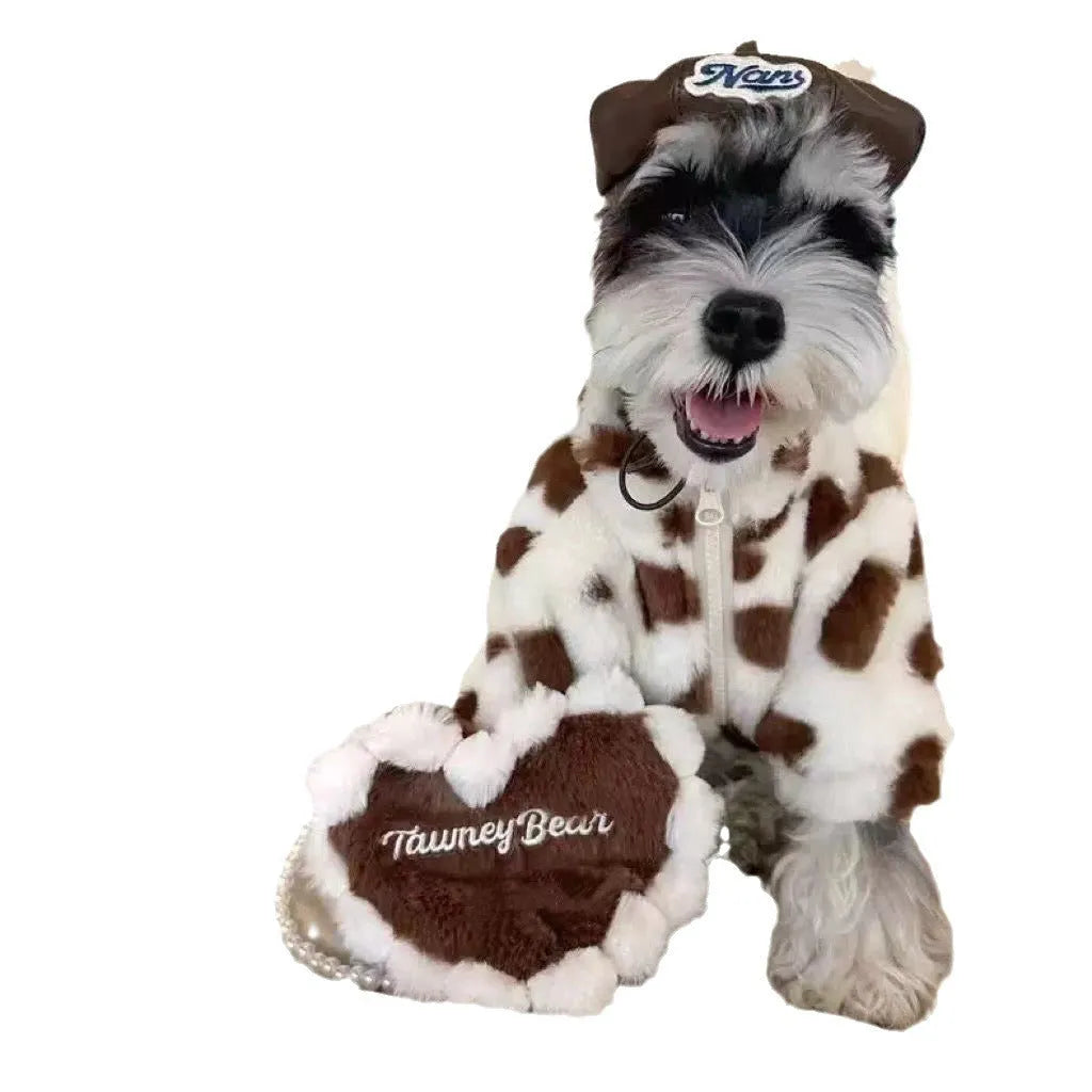 Pink plush-warm polyester dog coat for small breed puppies on a mannequin, showing British style design.