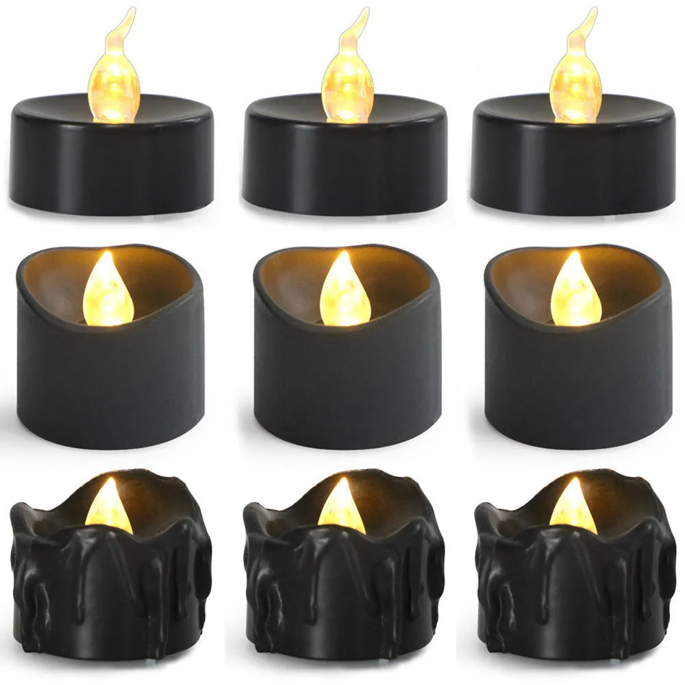 Set of 12 LED electronic wax candles with concave black plastic shells and yellow flash effect for Christmas decor
