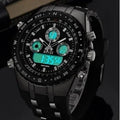 BINZI men's digital sports watch with 52mm stainless steel case, silicone band, black or white, LED display and back light.