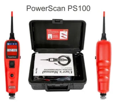 Autel PowerScan PS100 circuit tester with 20-foot cable and built-in flashlight on a car battery