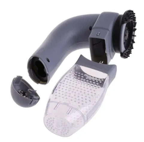 Grey portable electric pet hair remover vacuum with soft rubber grooming head for dogs and cats.