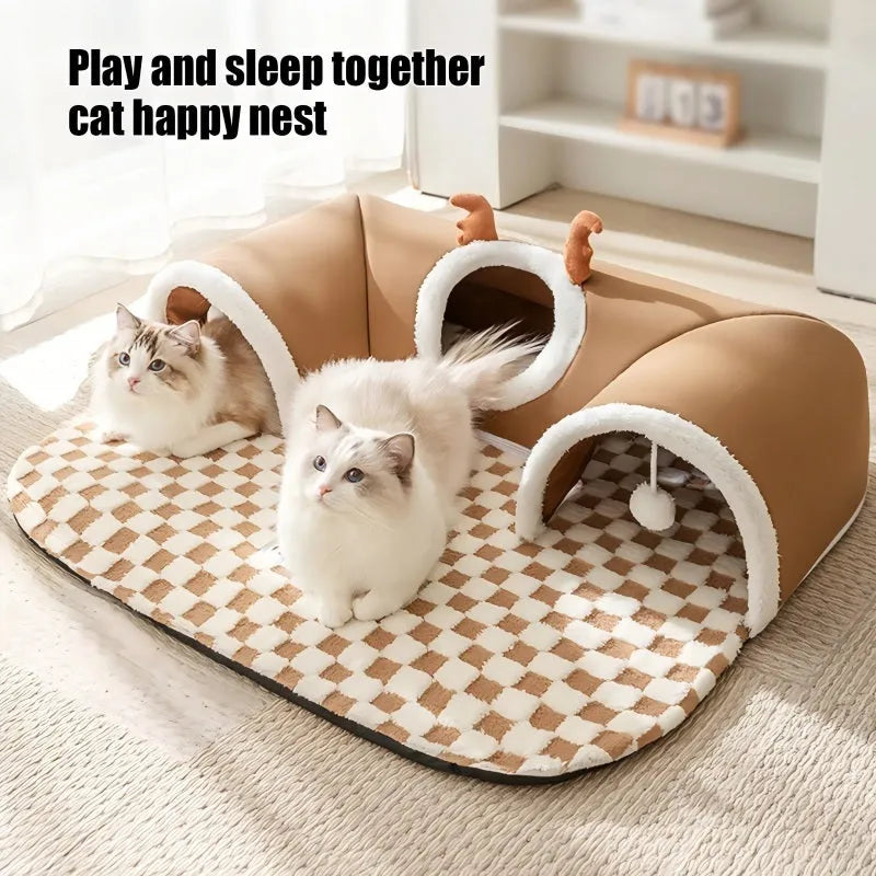 Grey plaid crystal fleece cat tunnel bed with two hanging balls, curved tunnel door, and slip-resistant bottom, for indoor use