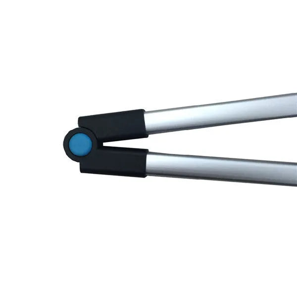 Blue foldable portable pickup tool with aluminium shaft and stainless steel grabber, shown extended and collapsed.