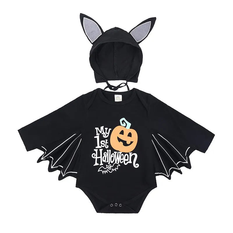 Baby Halloween long-sleeved cotton triangle jumpsuit with pumpkin letter print and removable hood