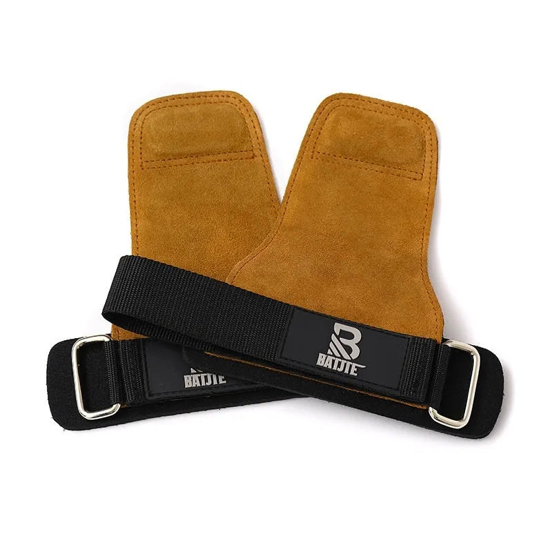 Brown neoprene wrist protector with a wide adjustable strap, shown on a wrist next to a pull-up bar.