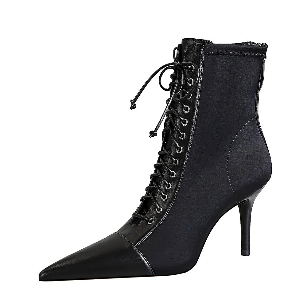 Women's black stiletto heel boots with pointed toe and back zipper, 6-8cm heel, sizes 34-43