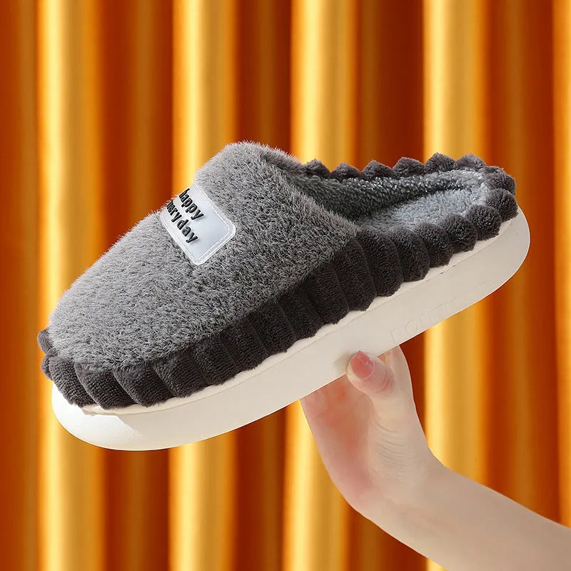 Men's thick sole colour-block fleece slippers in coffee, grey, and navy blue with suede upper and non-slip PVC sole