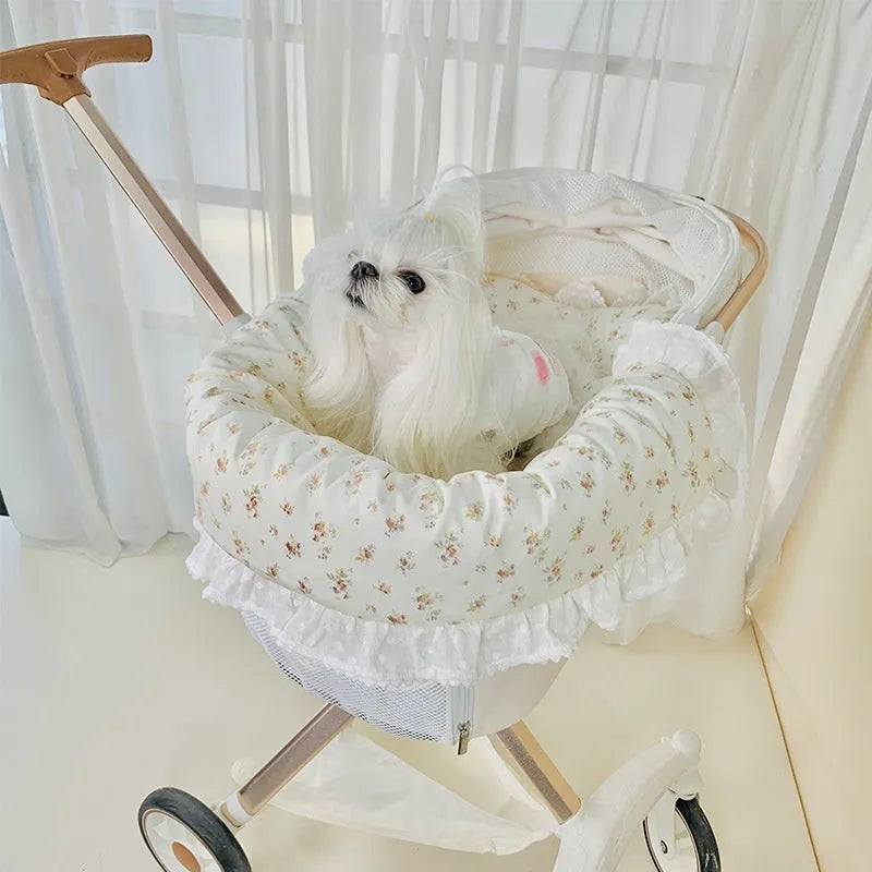 Pure cotton pet stroller pad set with removable towel, cushion, and pillow in a floral pattern.