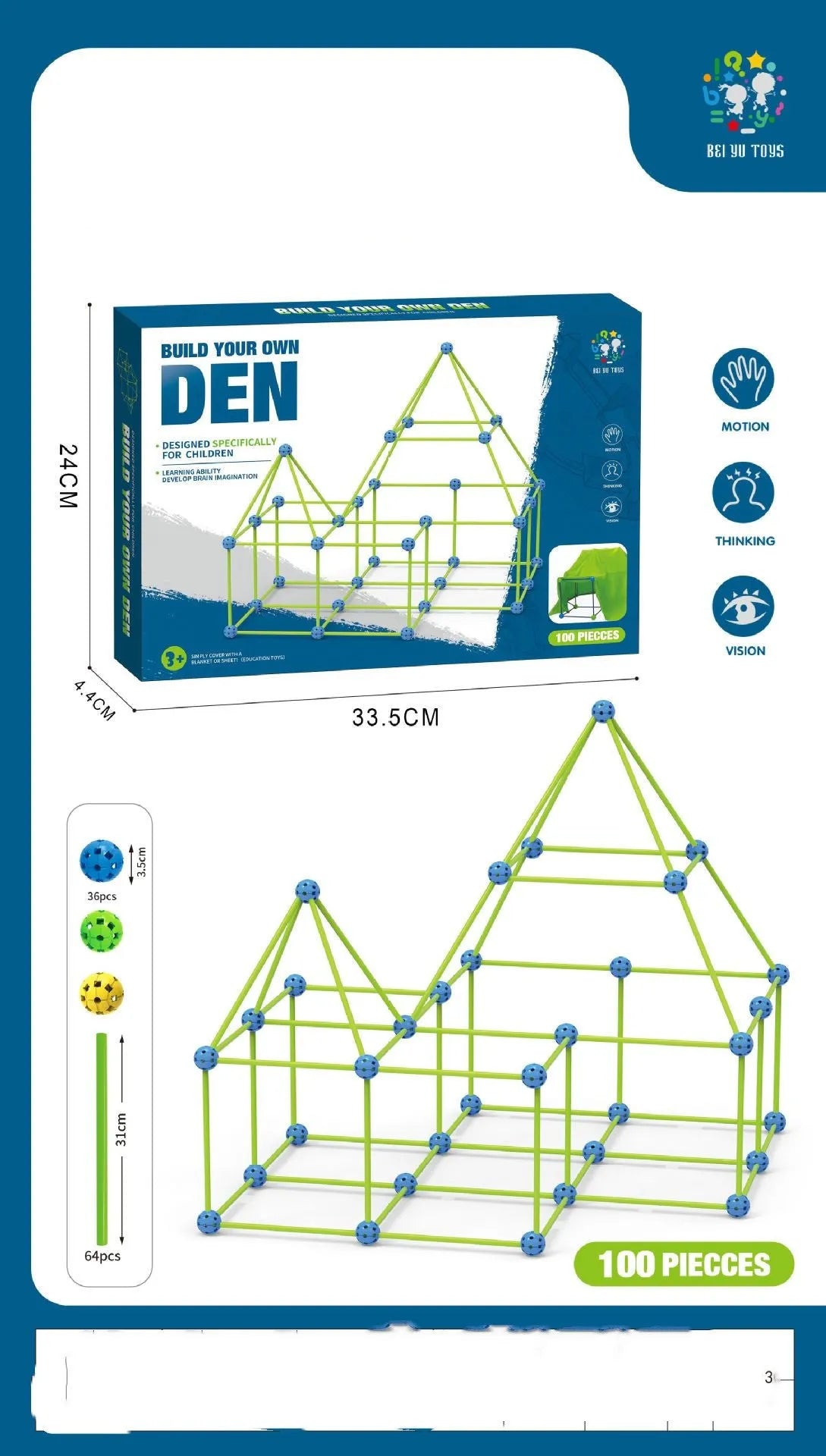 Luminous plastic fort building kit for kids with connecting sticks, balls, and storage bag.