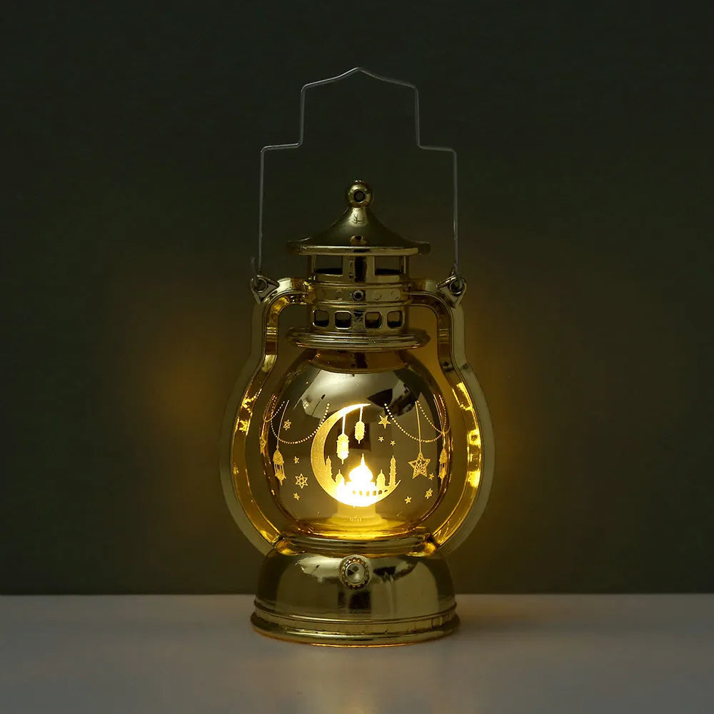 Eid Mubarak laser carved LED lantern in gold or silver, 12.5cm tall, with A1 or A2 Middle East pattern