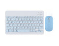 Bluetooth keyboard and matching rechargeable mouse set in elegant pink colour on a desk next to a tablet.