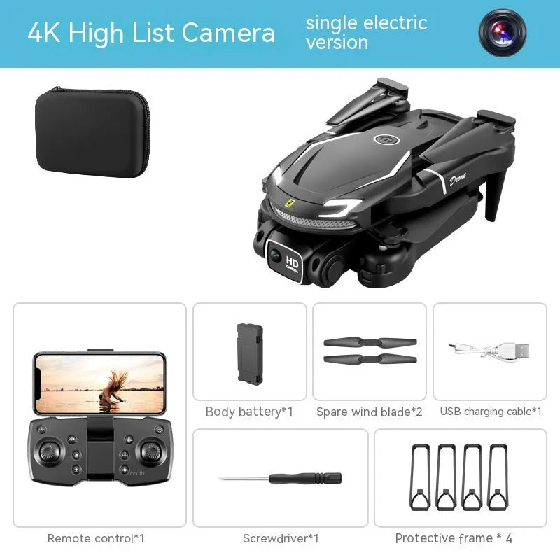 Four-axis toy drone in black with camera, under 30cm, on grey background