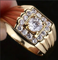 Gold geometric copper ring with micro-inlaid zircon on wide surface, size No 8