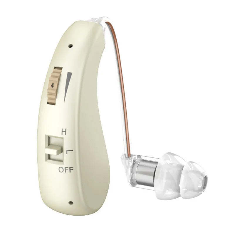 USB rechargeable behind-the-ear hearing aid for elderly in blue colour with volume control buttons