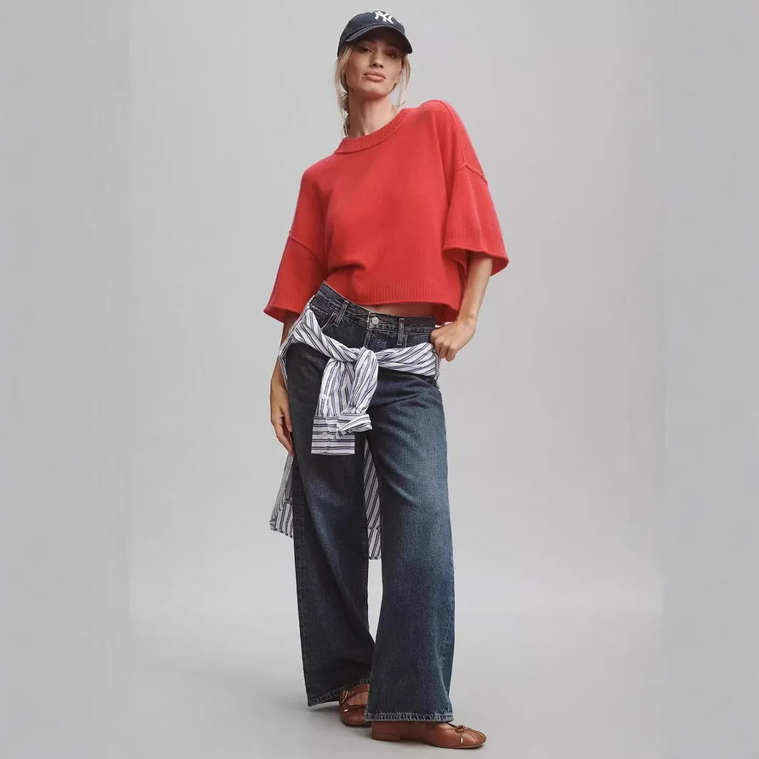 Red cropped T-shirt with regular sleeves on white background showing Hot Girl Style design