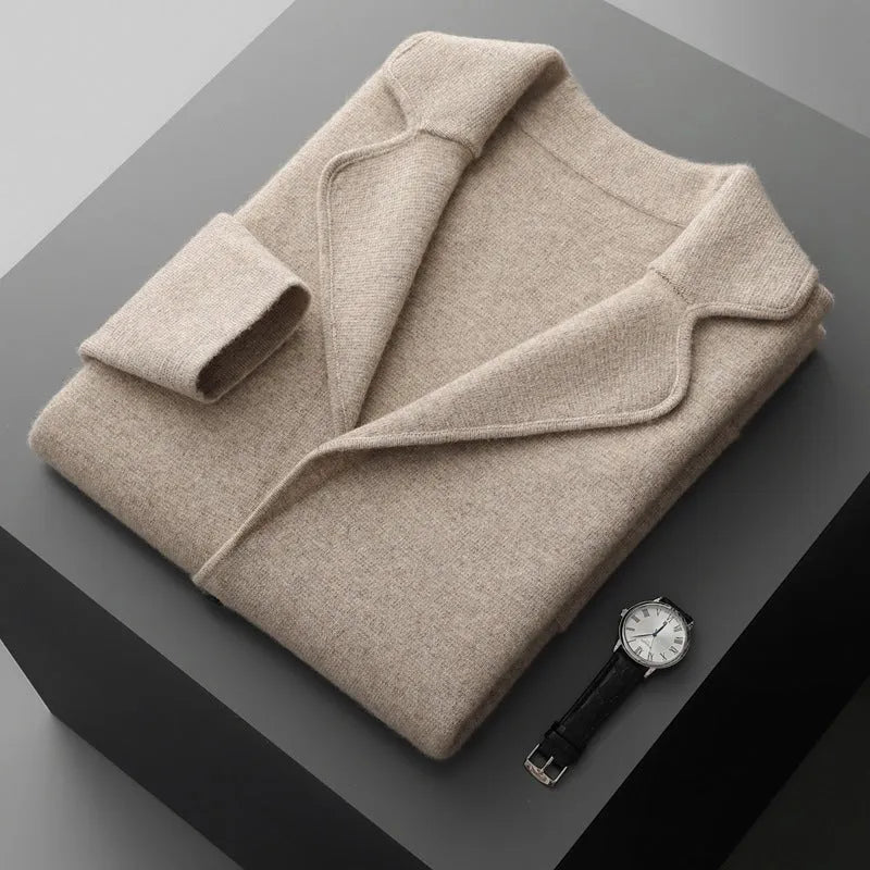 Men's cashmere lapel cardigan in light grey showing thickened knit construction and loose fit