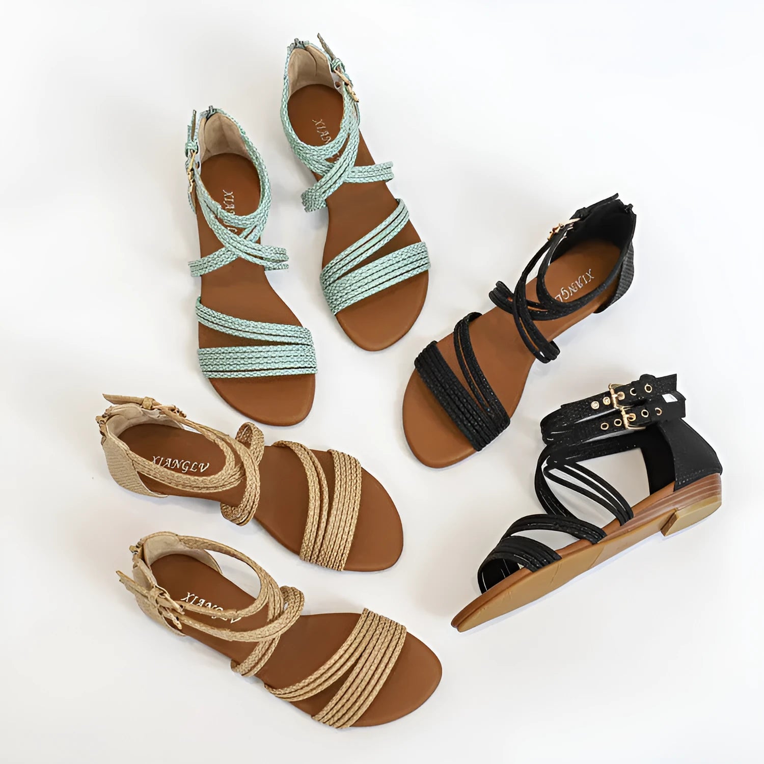 Women's open toe thick bottom sandals with cross Roman straps, back zipper, and non-slip rubber sole in black