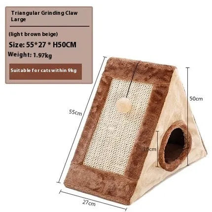 Triangular grey and white cat scratching post toy with integrated fur bed for indoor cats
