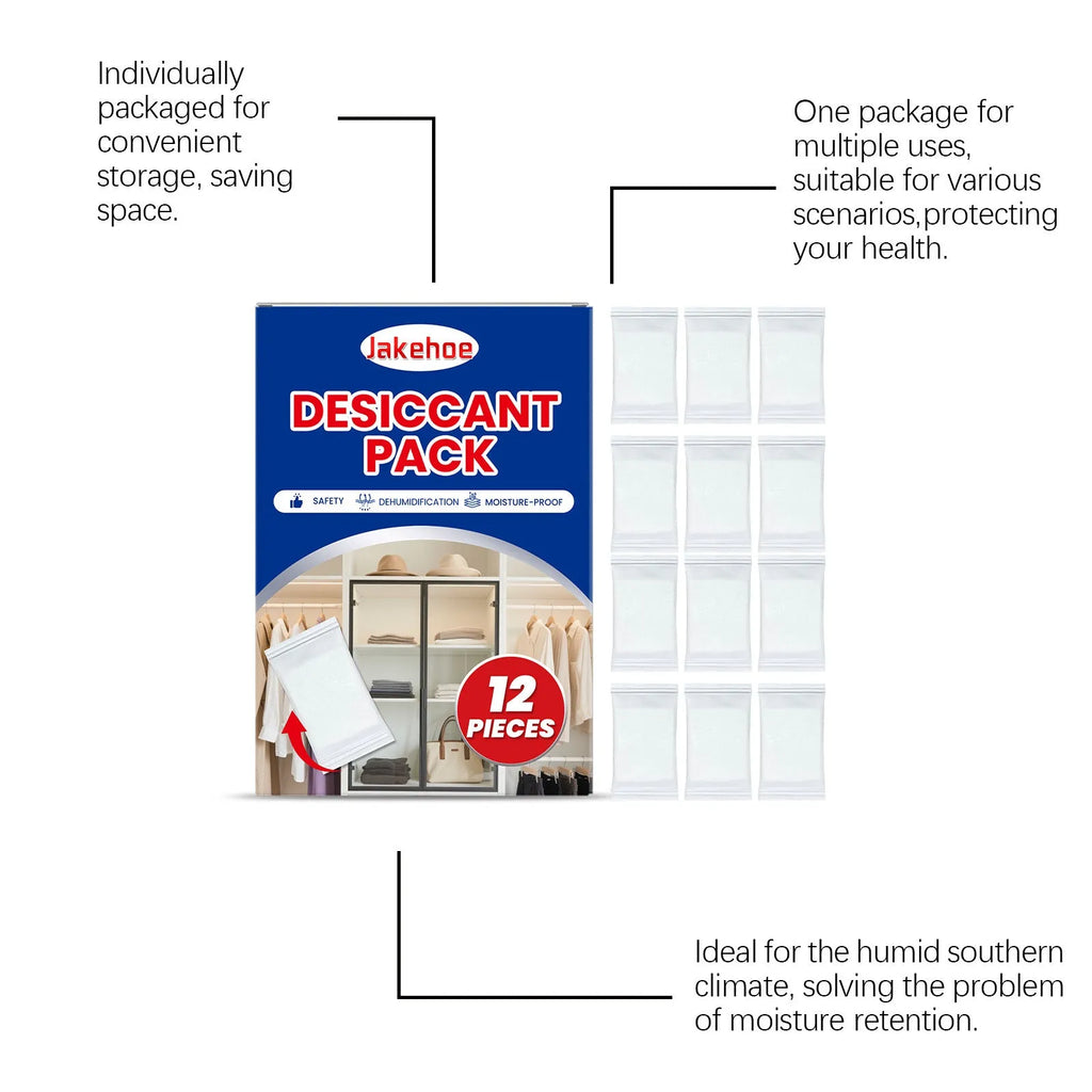Pack of 12 white calcium chloride desiccant sachets for household moisture absorption.