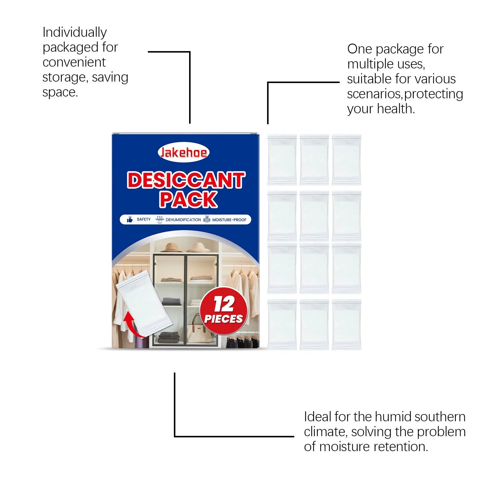 Pack of 12 white calcium chloride desiccant sachets for household moisture absorption.