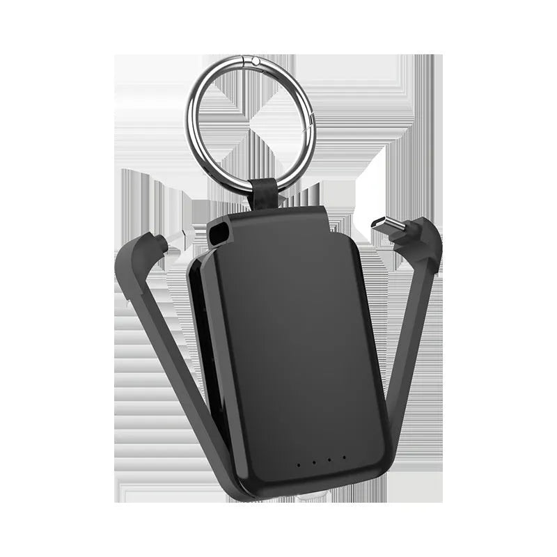 Black anti-lost power bank keychain with 2000mAh battery, ABS casing, USB 2.0 port, keychain attachment