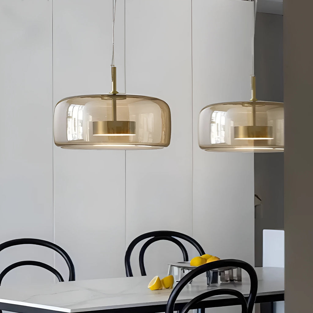Art glass single head hanging pendant lamp with iron frame, adjustable cable, amber glass shade