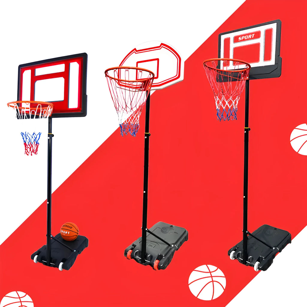 Adjustable teenagers basketball stand in white with whiteboard red line and movable base