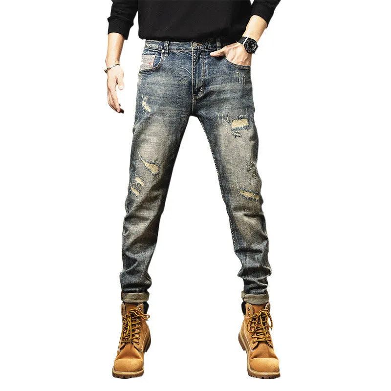 Men's vintage blue fleece-lined straight-leg jeans with drawstring closure and heavy washed denim