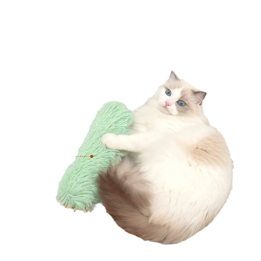 Rectangular blue plush cat toy pillow measuring 27cm by 10cm