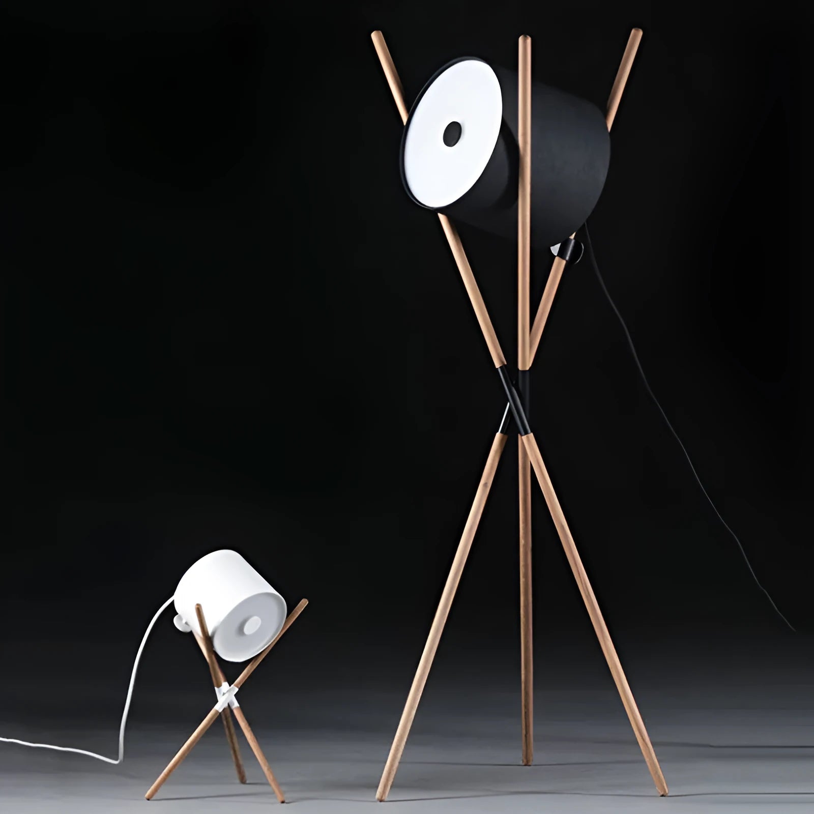 Modern wooden floor lamp with three fork design and white acrylic shade