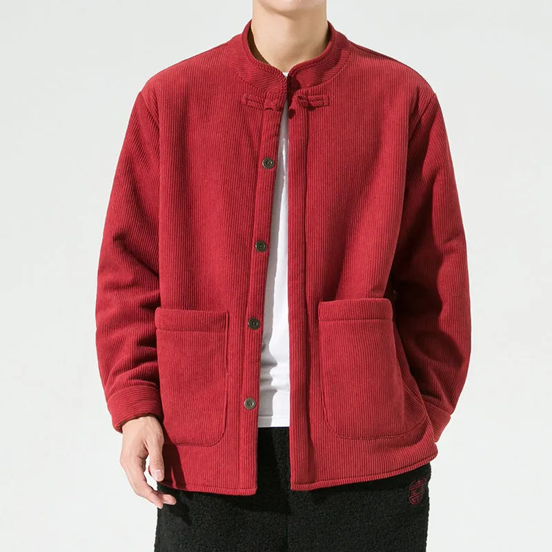 Men's hanfu stand collar cardigan jacket in black corduroy fleece with buckle front