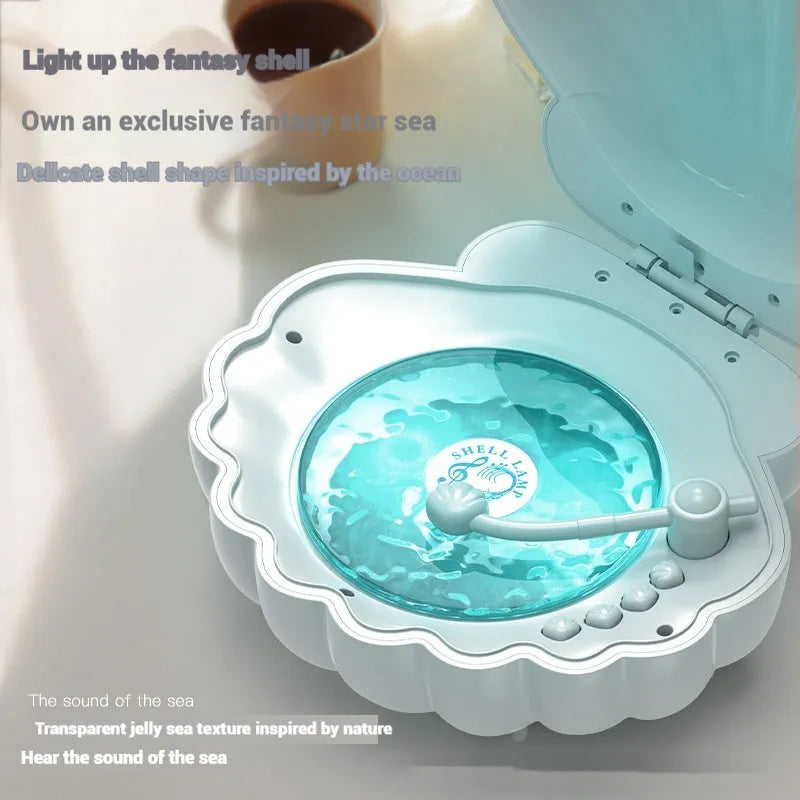 Retro vinyl record player design shell lamp in a choice of blue and purple colours, placed on a surface.