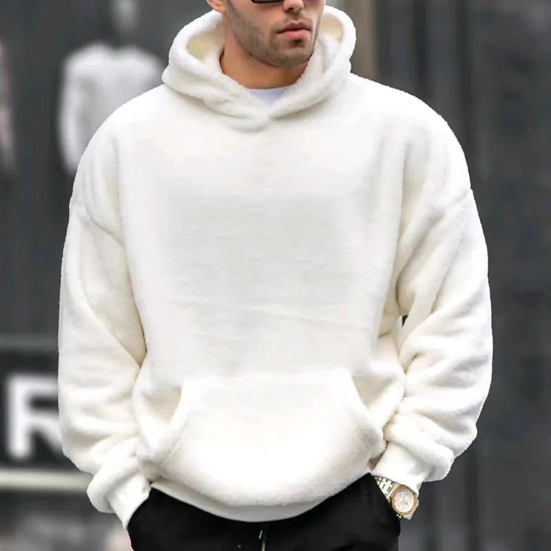 Men's lamb wool fleece-lined hooded sweater in solid colour with patch pockets, loose fit, available in white black navy blue