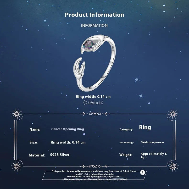 Personalised retro constellation open ring in sterling silver with adjustable opening, zodiac Aries colour option