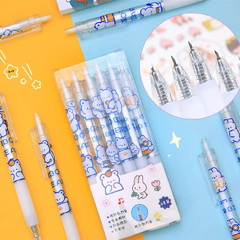 Set of six press pen knives with cream bear, orange bear, and rabbit character designs