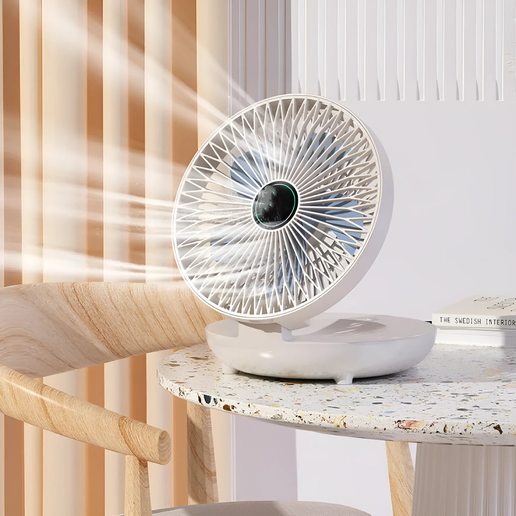 Folding wall mounted small fan in white with USB power cord and nail-free hook, ABS construction, brushless motor