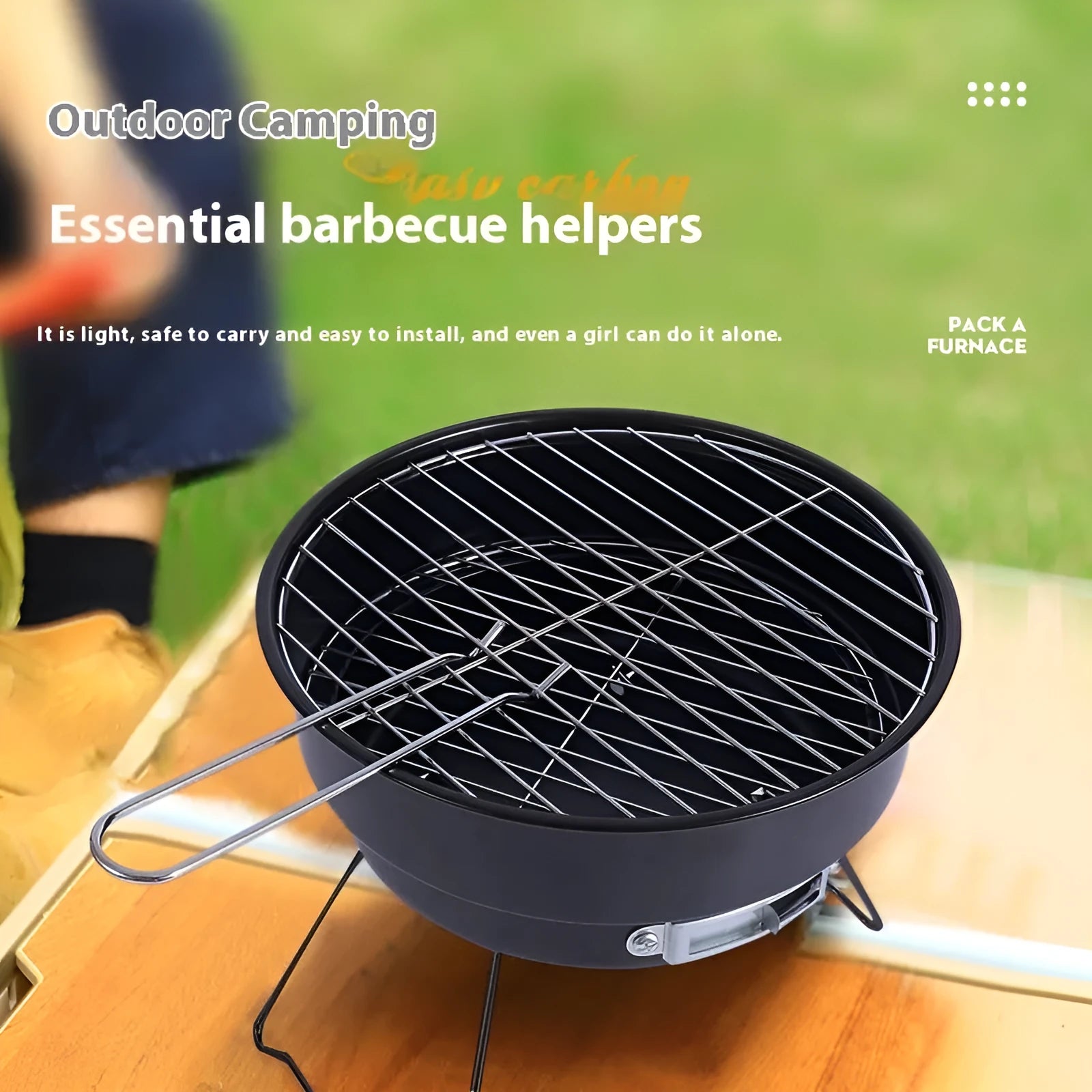 Small folding round ice stove outdoor barbecue grill set with all components displayed