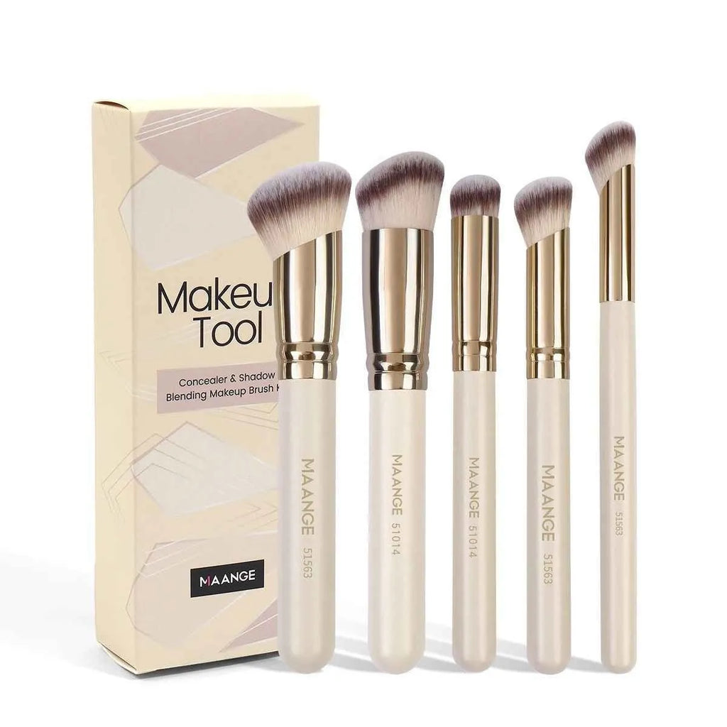 MAANGE five-piece apricot coloured makeup brush set with angled blush brush on a flat surface