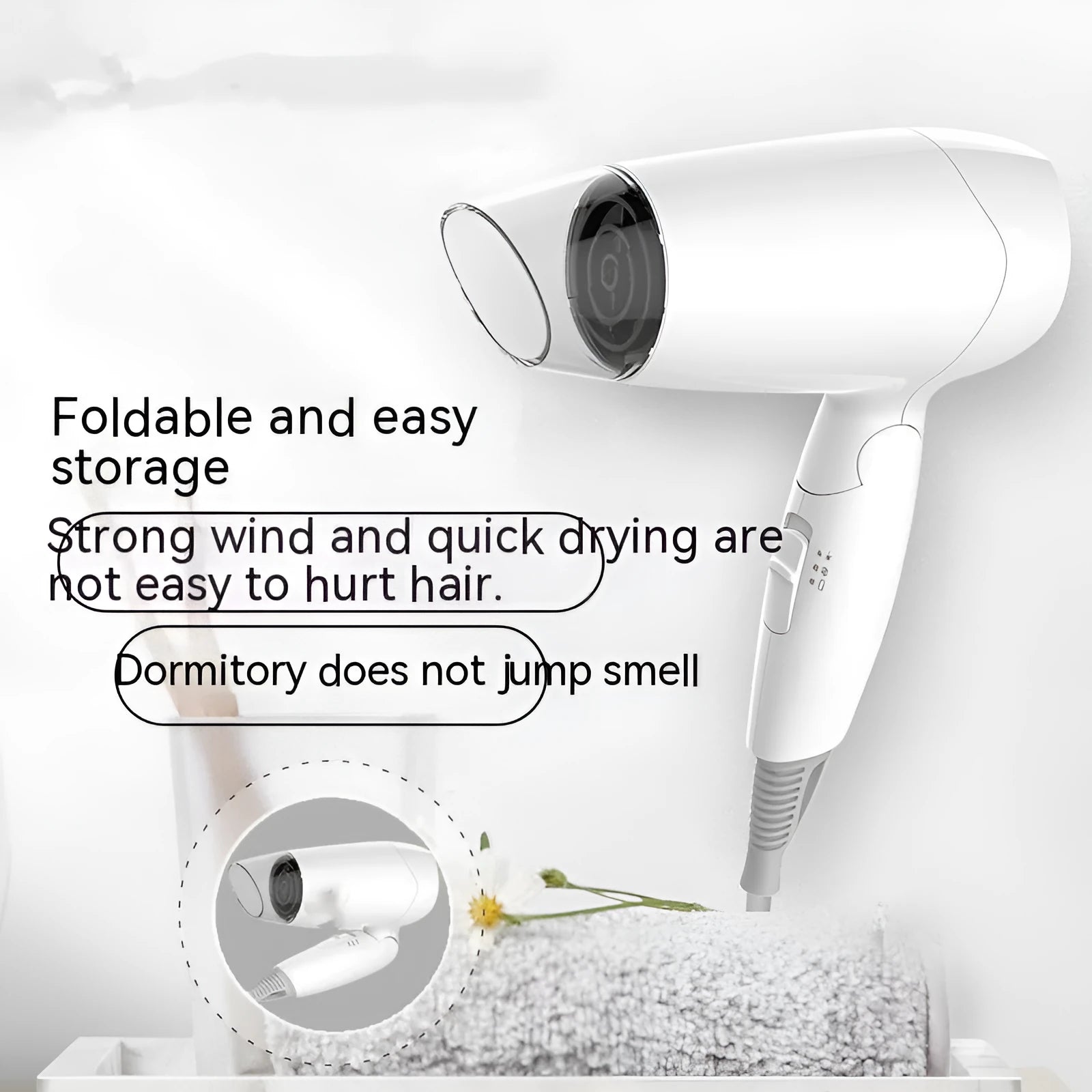 Moon White portable 1400W hair dryer with overheating protection and 150cm cord on white background