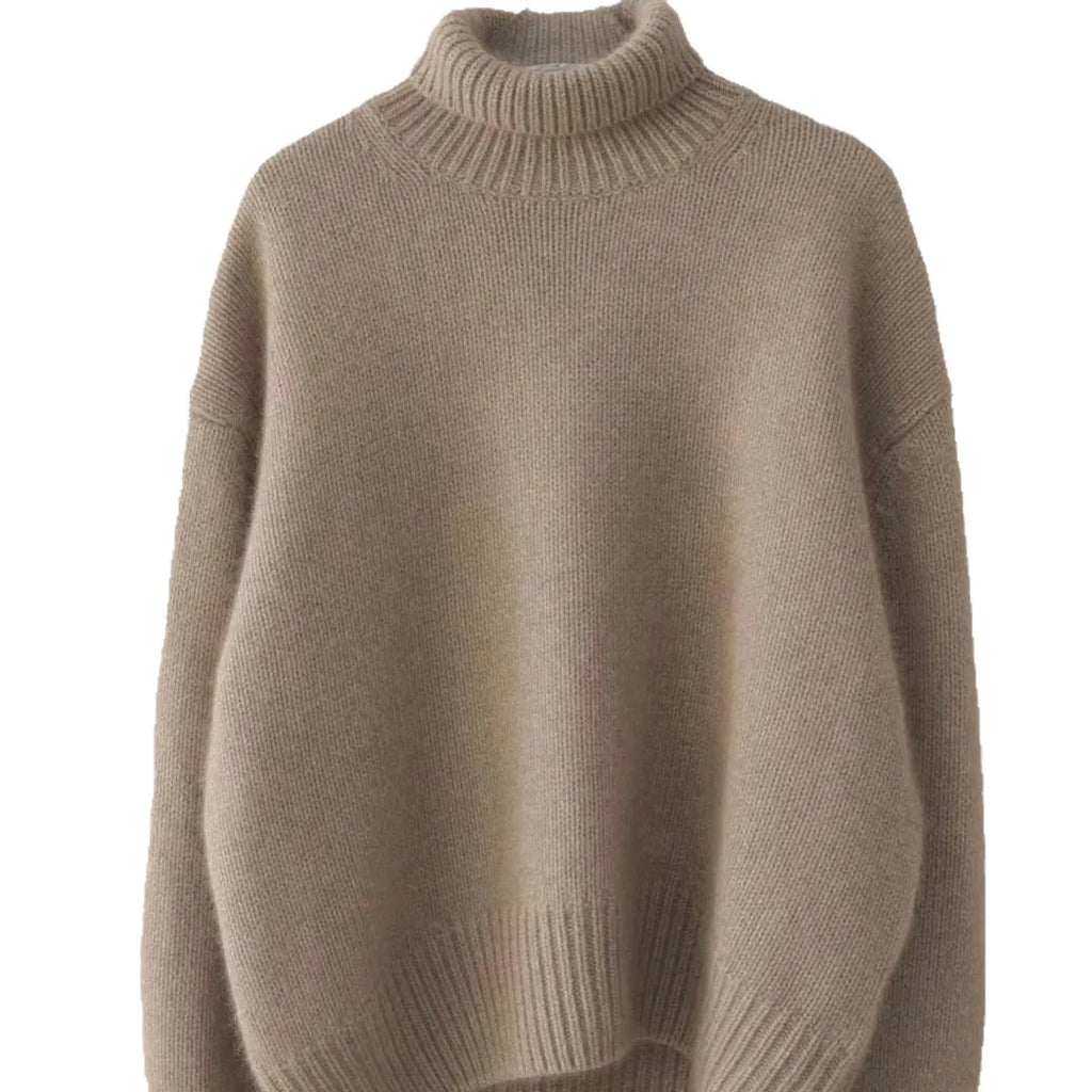 Women's loose high-neck solid-colour knit pullover sweater in apricot, long sleeves, free size