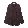 Brown women's long sleeve poplin shirt with a bow tie scarf, loose fit
