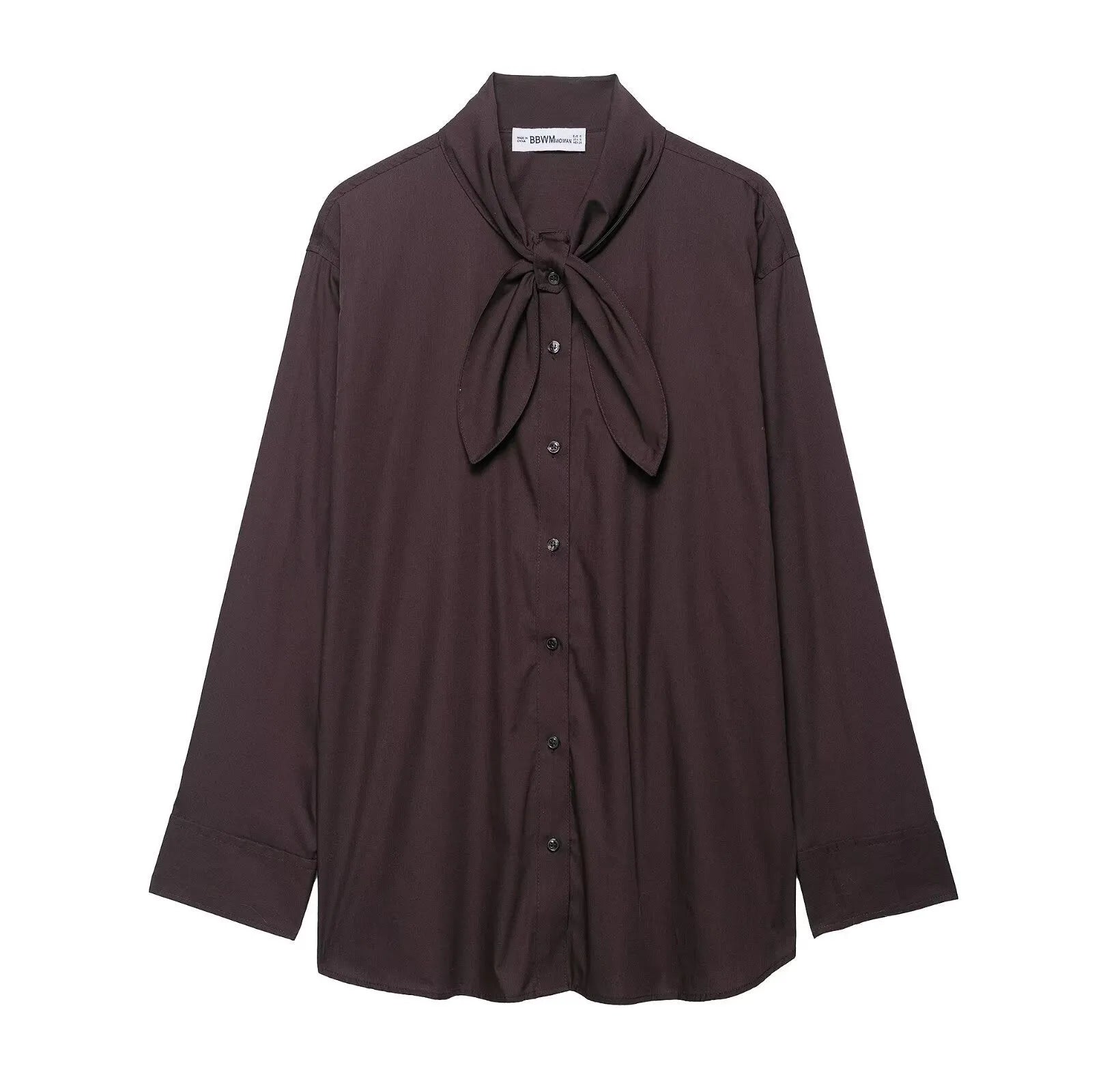 Brown women's long sleeve poplin shirt with a bow tie scarf, loose fit