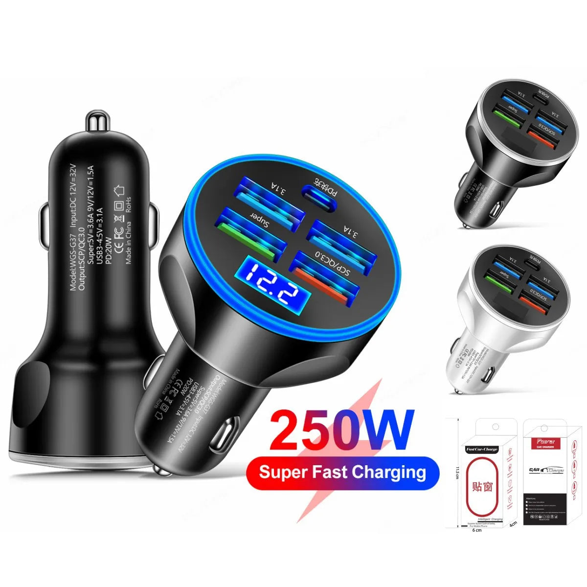Black five-in-one car charger with digital display and multiple USB ports in a vehicle socket