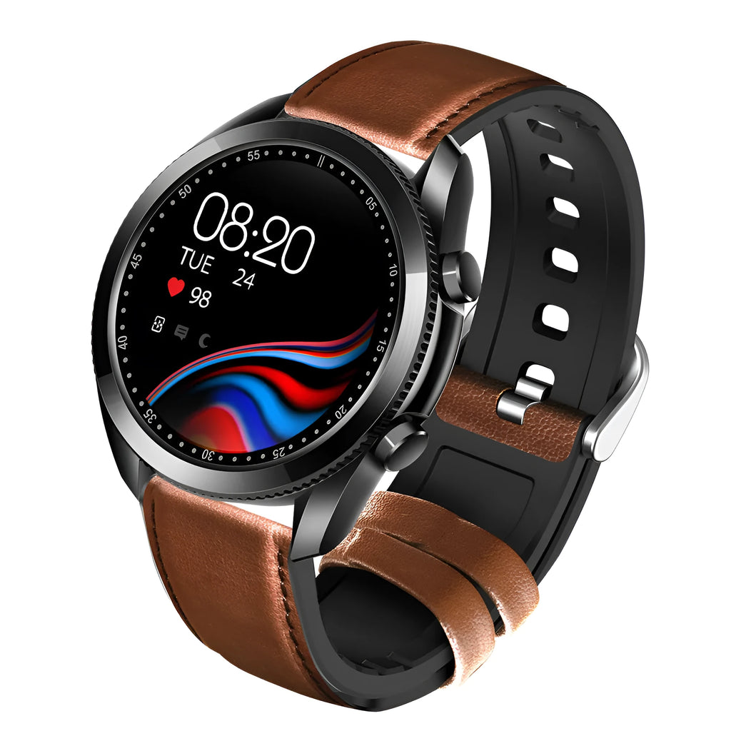 UM90 smart watch with metal case and leather strap showing sports tracking interface on screen