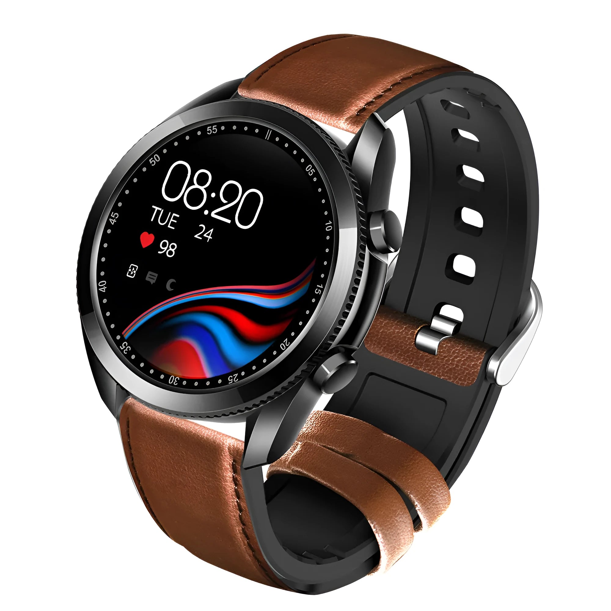 UM90 smart watch with metal case and leather strap showing sports tracking interface on screen