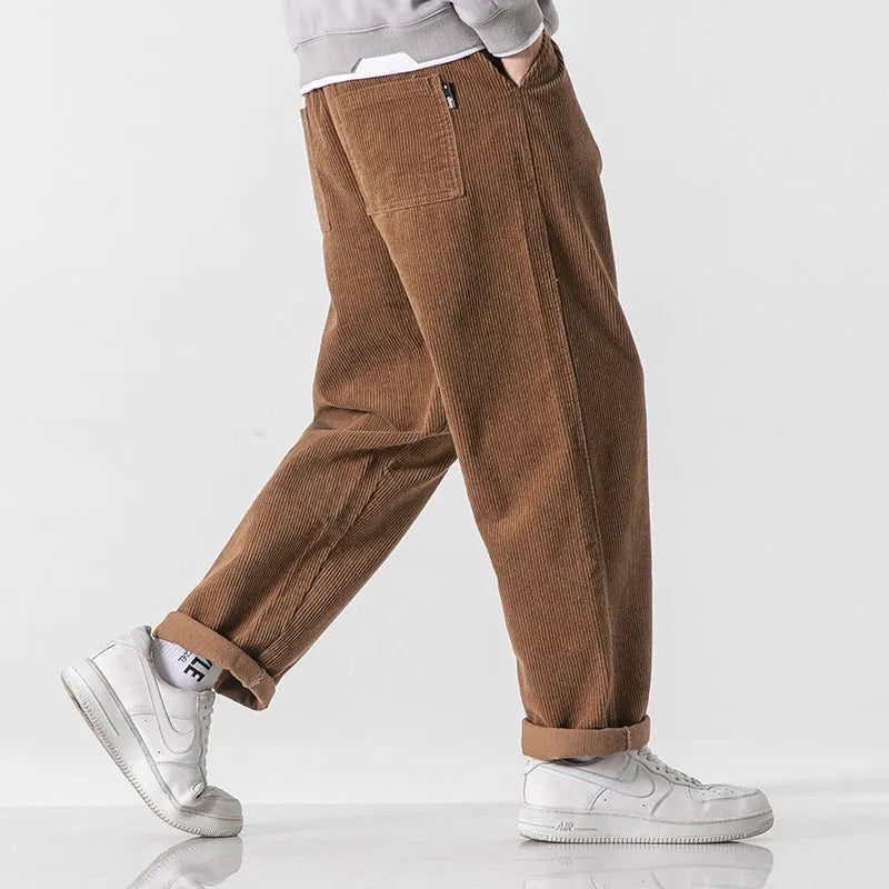 Men's loose straight corduroy sports trousers in Army Green colour with mid-waist design